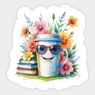 Flower Cup Coffee Books Funny Mood Sticker